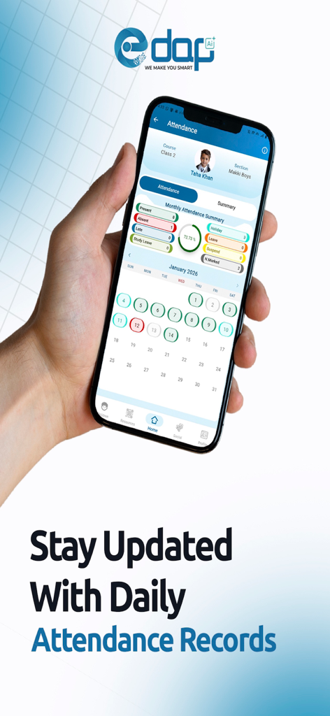 Edap Guardian - Edap Guardian mobile app displaying daily student attendance records and monthly summary calendar