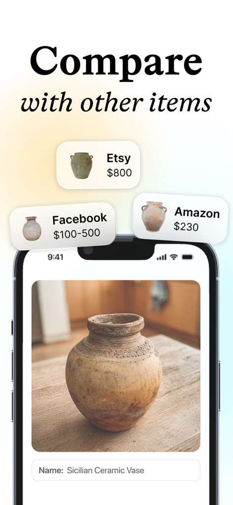 Antique vase price comparison across Etsy Facebook and Amazon in the Relic app