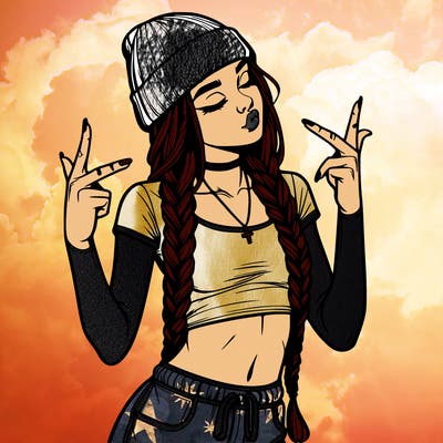 realistic teenage girl with braids and a beanie and crop top doing 🫶🏼