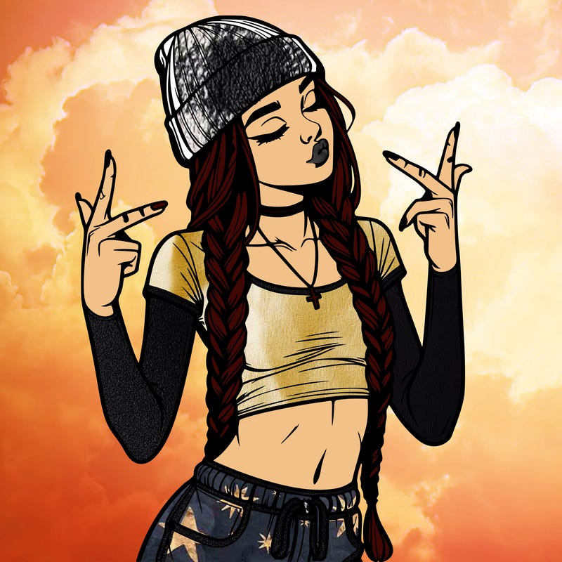 realistic teenage girl with braids and a beanie and crop top doing 🫶🏼