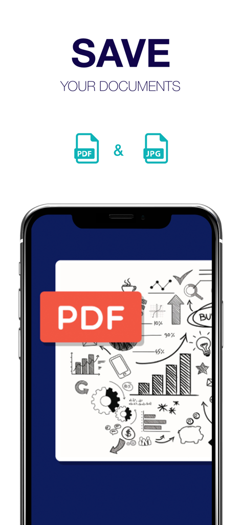 Scanner - Edit PDF & documents - Schermata dell'app mobile che mostra le opzioni per salvare documenti scansionati come file PDF e JPG.