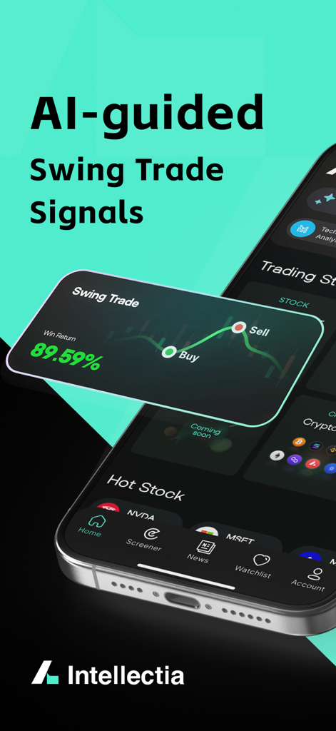 Interface de l'application Intellectia montrant des signaux de swing trading guidés par l'IA et un graphique de performance
