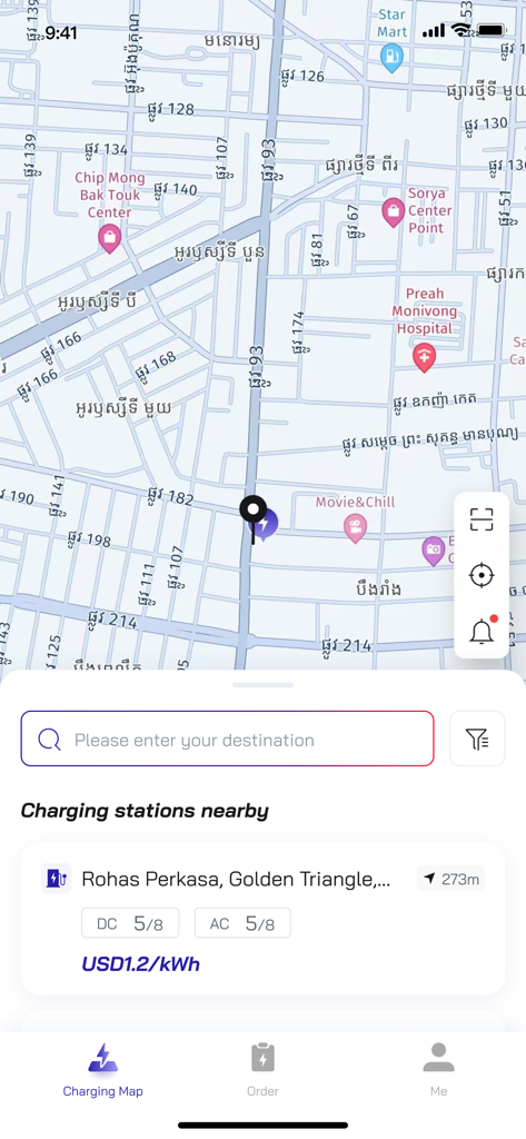 ZO Charge - Pantalla de la aplicación ZO Charge que muestra estaciones de carga de vehículos eléctricos cercanas en un mapa con detalles de precios y disponibilidad.