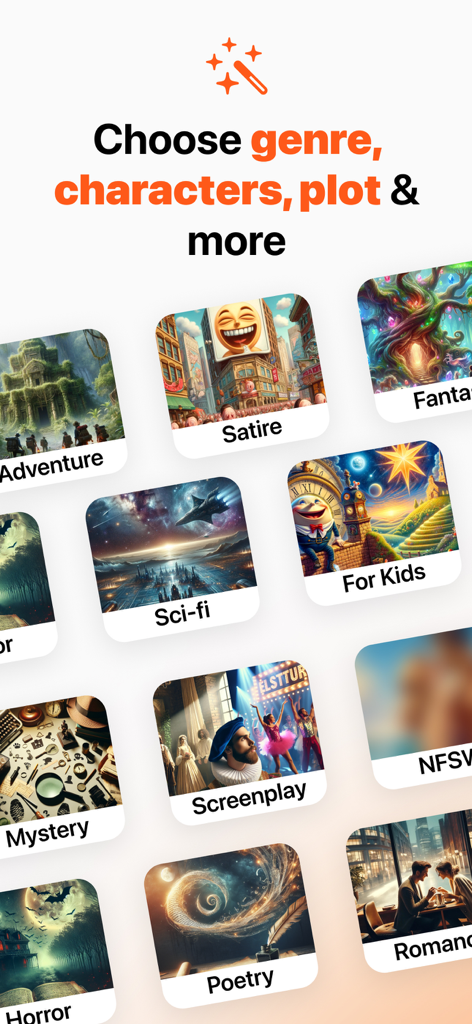 Poetry AI: Poem Writing - Interfaz de la aplicación Poesía AI que muestra una variedad de géneros de historias para elegir, incluyendo Ciencia Ficción, Romance y Poesía.
