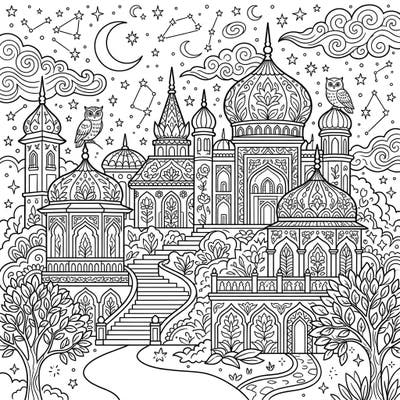 Journey to a fantastical summer palace bathed in the glow of a celestial night. This intricate coloring page invites you to bring a regal dreamscape, adorned with stars, moons, and wise owls, to vibrant life.