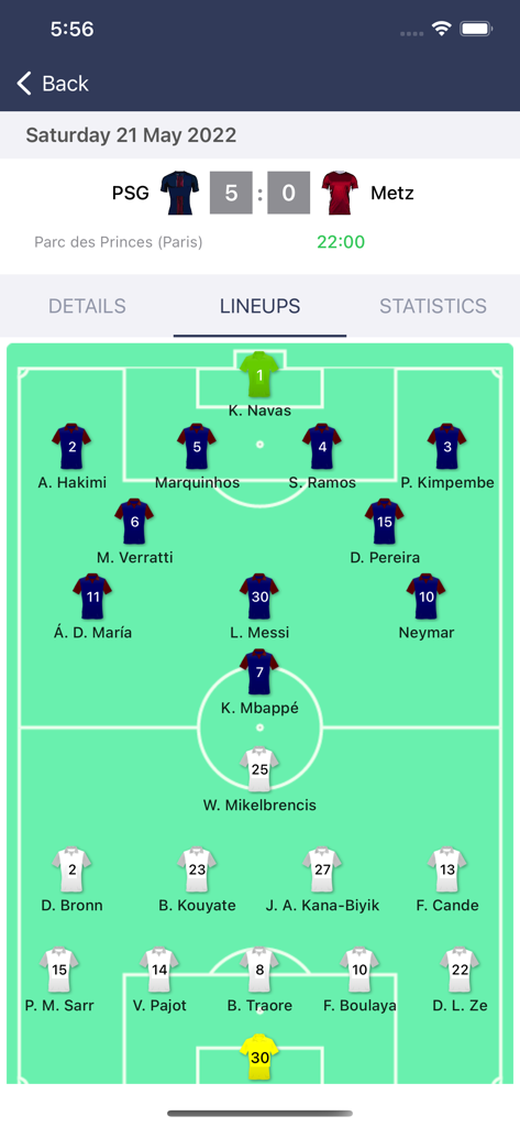 Starting lineups and team formations for a PSG vs Metz football match
