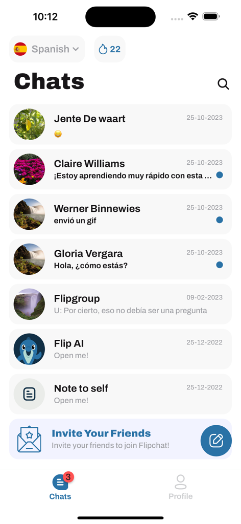 Flipchat - Chat Translator - Interface of the Flipchat app showing a list of chat conversations with messages translated into Spanish