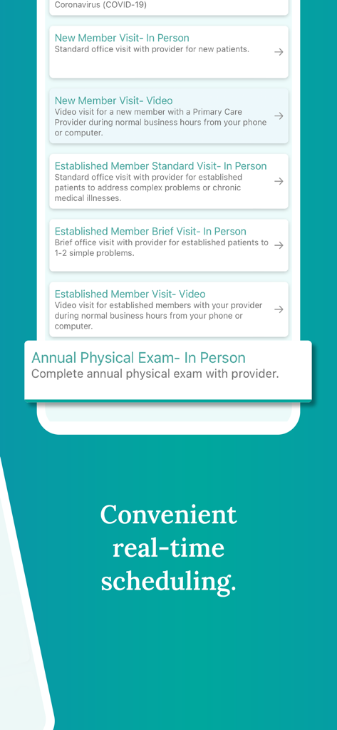 Interface of My Premise Health app showing options for real-time medical appointment scheduling including in-person and video visits.