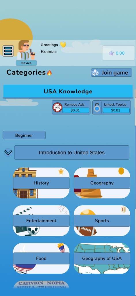 Menu principal de l'application Quiz de connaissances sur les États-Unis montrant des catégories de trivia comme l'Histoire, la Géographie et les Sports