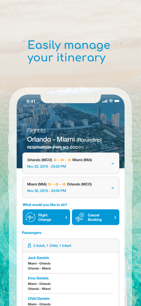 Bahamasair mobile app screen displaying flight details and itinerary management options