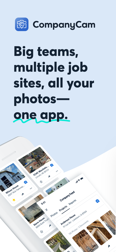 CompanyCam mobile app interface showing organized photos from multiple job sites