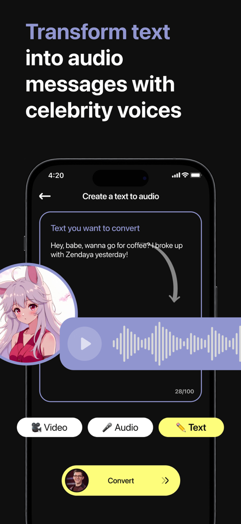 Mobile App-Oberfläche, die die Text-zu-Audio-Konvertierung mit einer KI-Promi-Stimme und einer Audio-Wellenform demonstriert