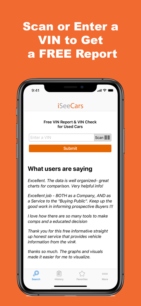 VIN Report for Used Cars - Pantalla de búsqueda de la aplicación Informe del VIN para Autos Usados que incluye un campo de entrada de VIN y reseñas de usuarios.