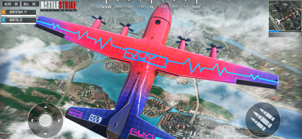 BattleStrike Commando Gun Game - Un avión de carga rosa y azul volando sobre un mapa de ciudad en BattleStrike Commando Gun Game.