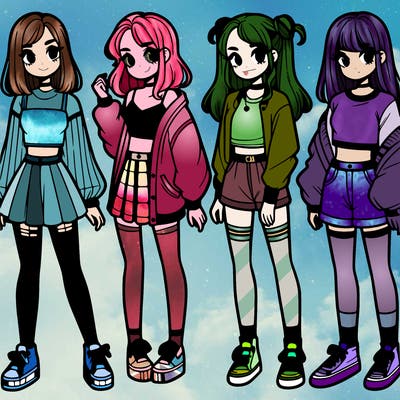 one girl with crop-top shirt and a jacket with a skirt, long socks and another girl with a shirt and pants with a jacket