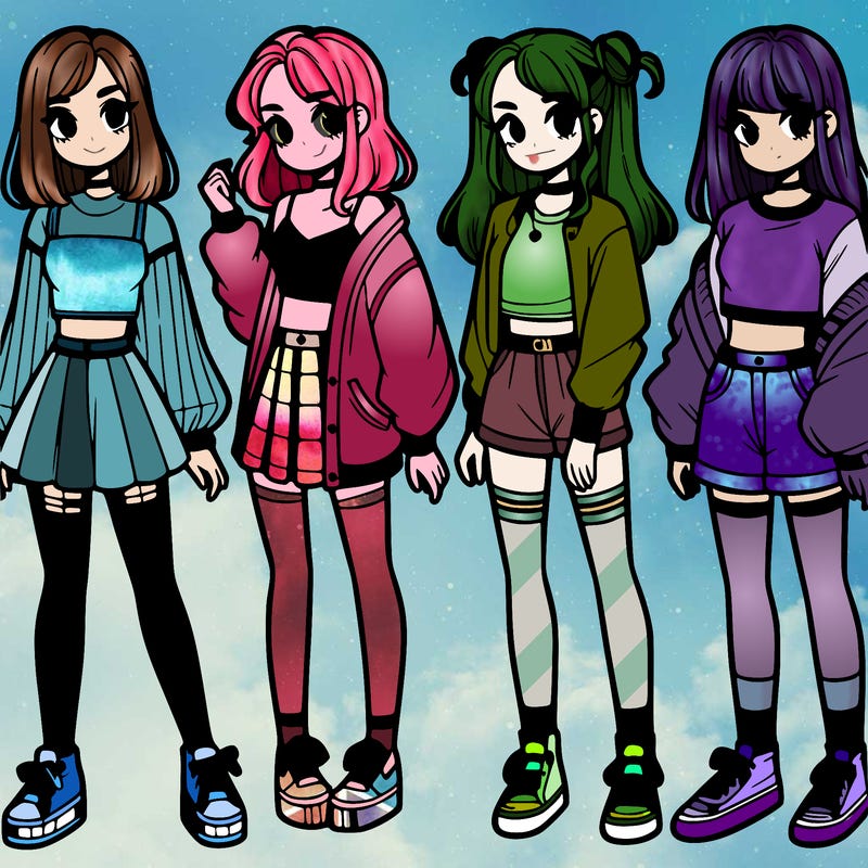 one girl with crop-top shirt and a jacket with a skirt, long socks and another girl with a shirt and pants with a jacket