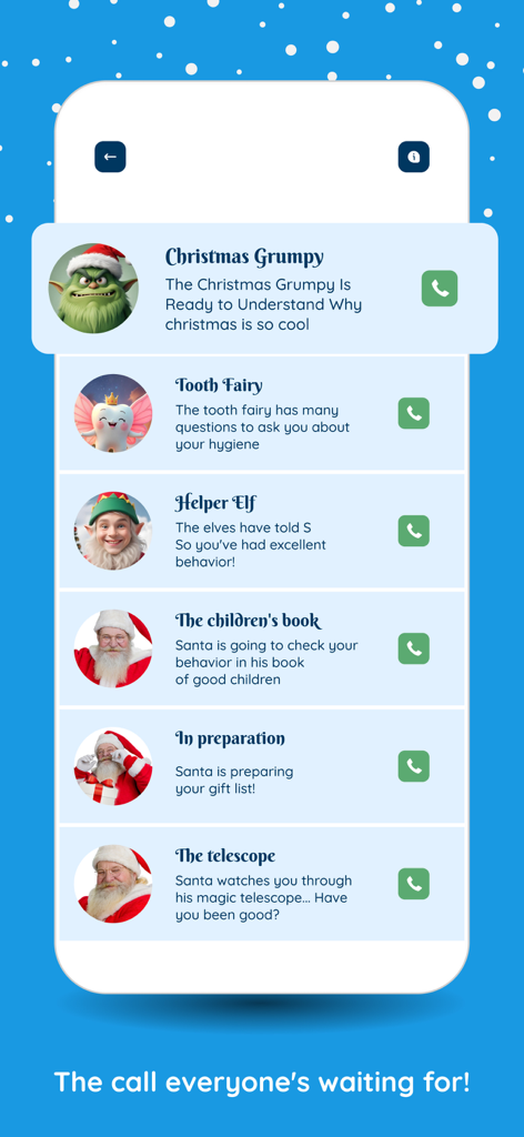 Speak to Santa Claus - Message - A menu within the app showing various call options like the Tooth Fairy, a Helper Elf, and different Santa Claus themes.