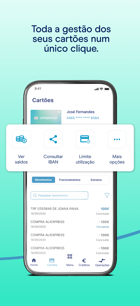 APP UNIBANCO - The UNIBANCO mobile app interface displaying credit card management and a list of financial transactions.