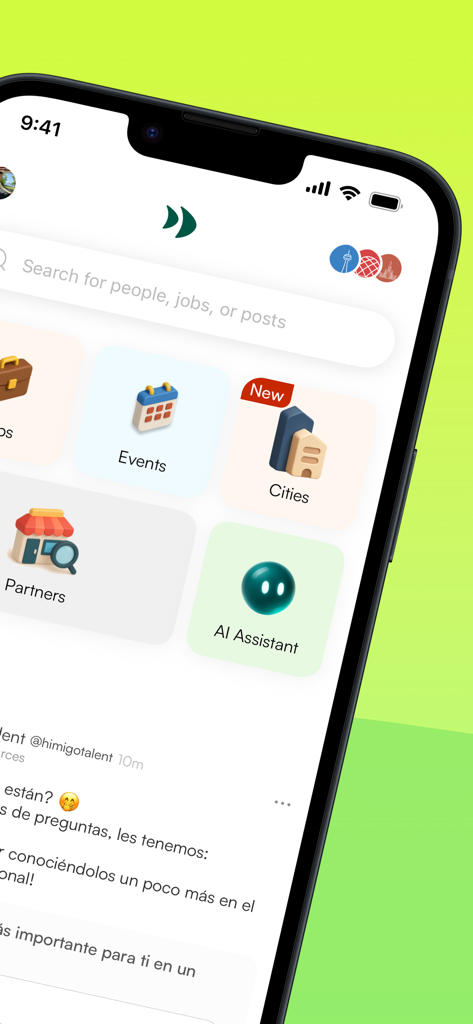 himigo - The Himigo mobile app dashboard displaying quick access buttons for events, city guides, partners, and an AI assistant.