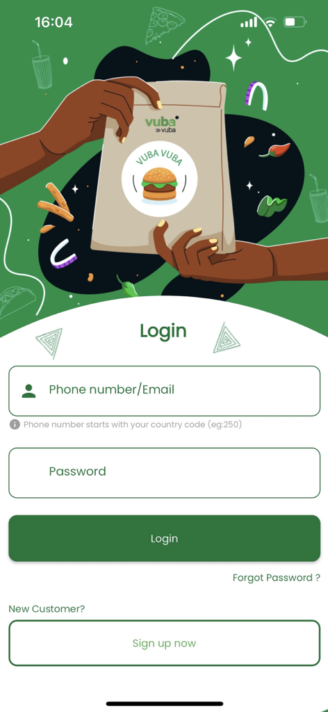 Vuba Vuba - Vuba Vuba app login screen with input fields for phone number and password