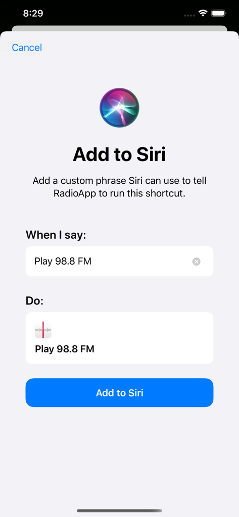 RadioApp - A Simple Radio App - Interface showing how to add a Siri shortcut to play a radio station in RadioApp