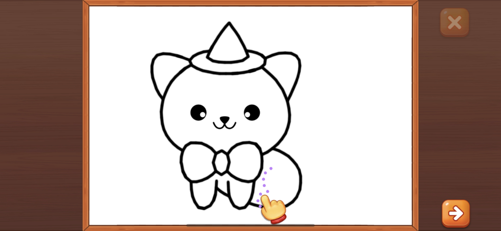 O contorno de um gato preto e branco sendo traçado por um dedo em um jogo de desenho infantil