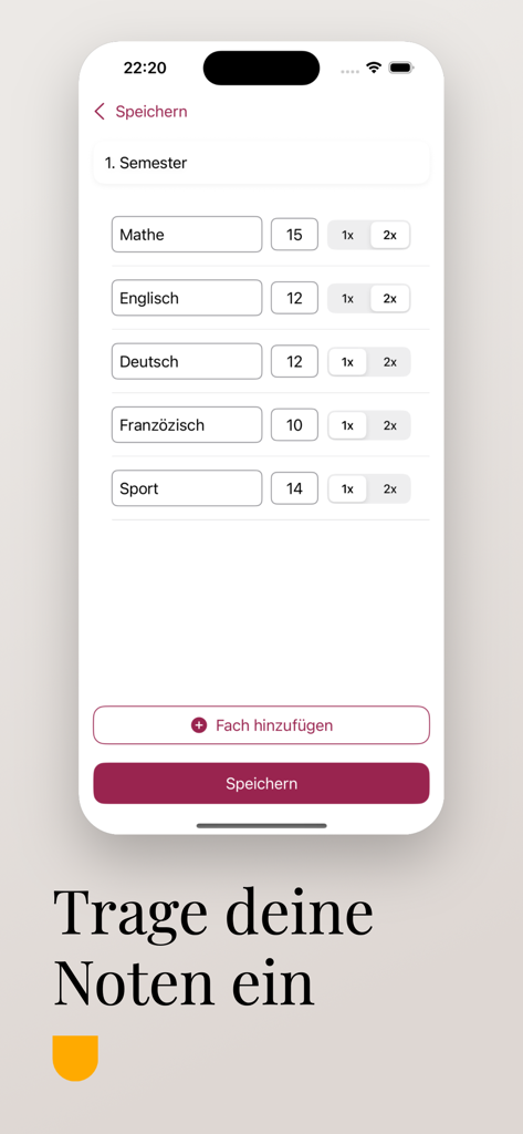 Abi Noten Rechner - Eine mobile Anwendungsoberfläche, die Fächer wie Mathematik und Englisch mit Feldern zur Eingabe und Speicherung von Noten zeigt.