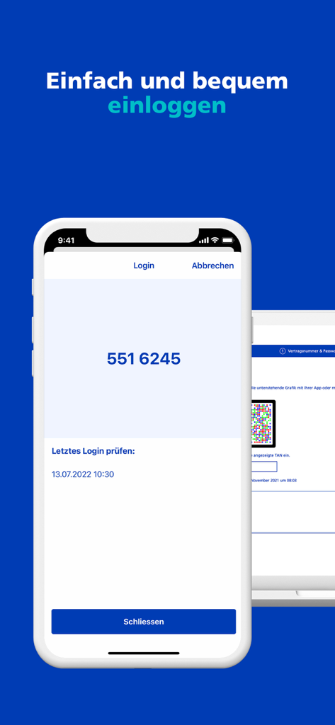 ZKB Access - Secure login screen of the ZKB Access app showing a 7-digit authentication code on a mobile phone for eBanking access.