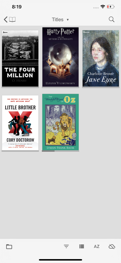 FBReader library screen showing various ebook covers in a grid format