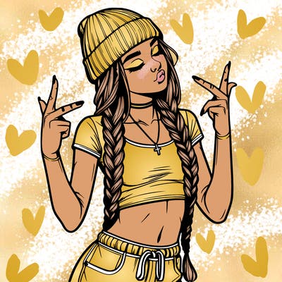 realistic teenage girl with braids and a beanie and crop top doing 🫶🏼