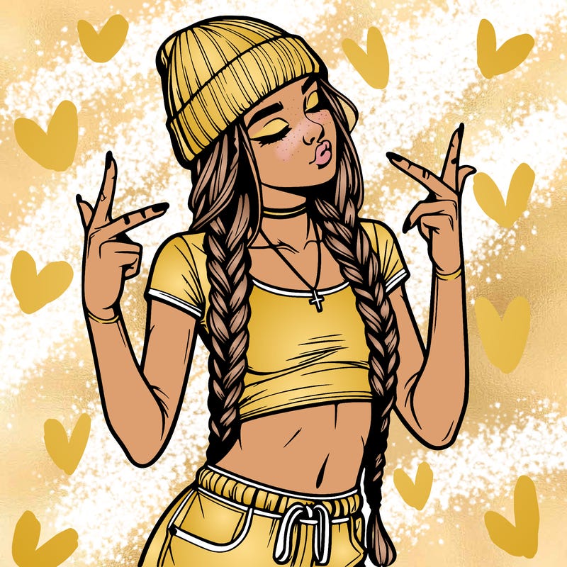 realistic teenage girl with braids and a beanie and crop top doing 🫶🏼