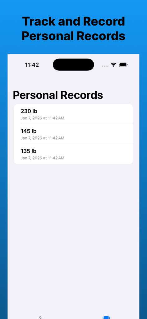 Interface de l'application mobile affichant une liste de records personnels de musculation en livres avec dates et heures.