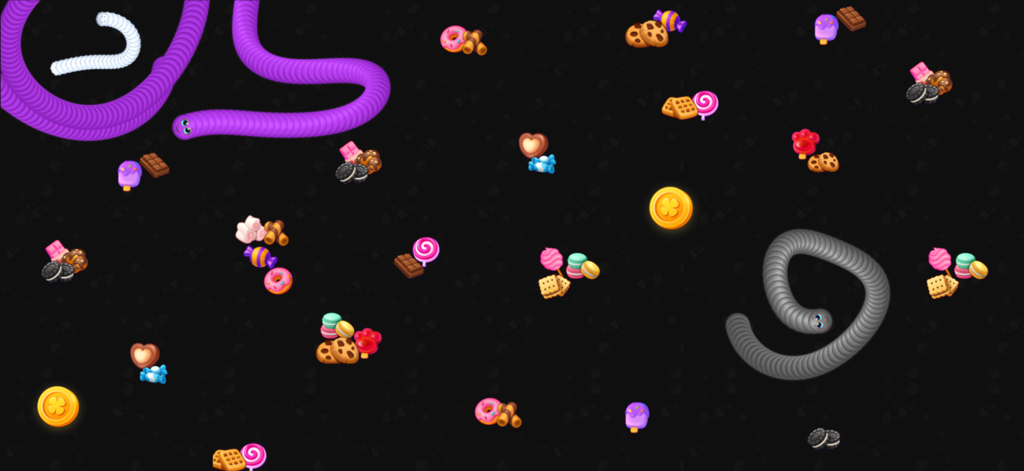 Snake Game - Worms io Zone - Colorful worms eating sweets and collecting gold coins in a dark arena.