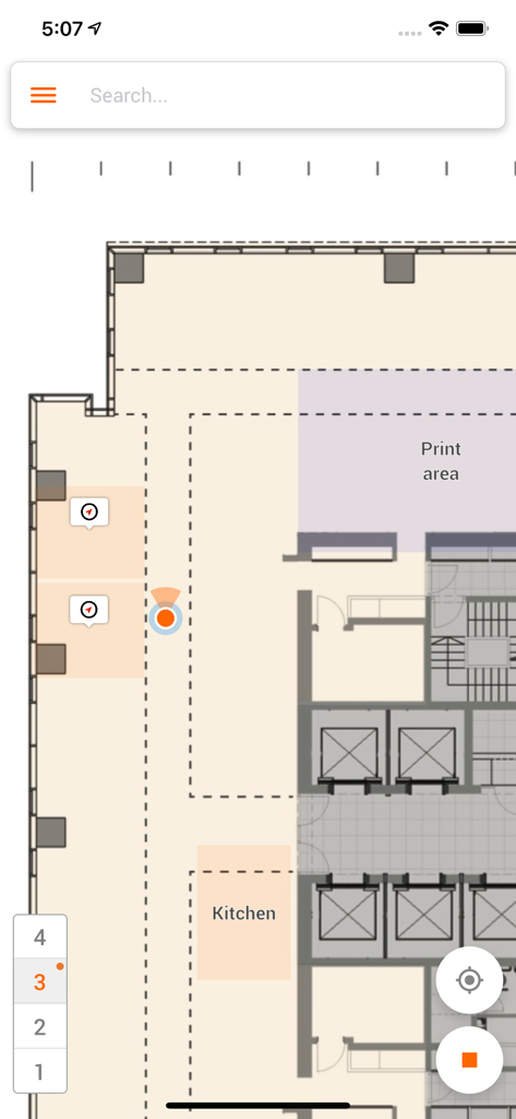 Oriient IndoorGPS app showing building floor plan and real time user positioning