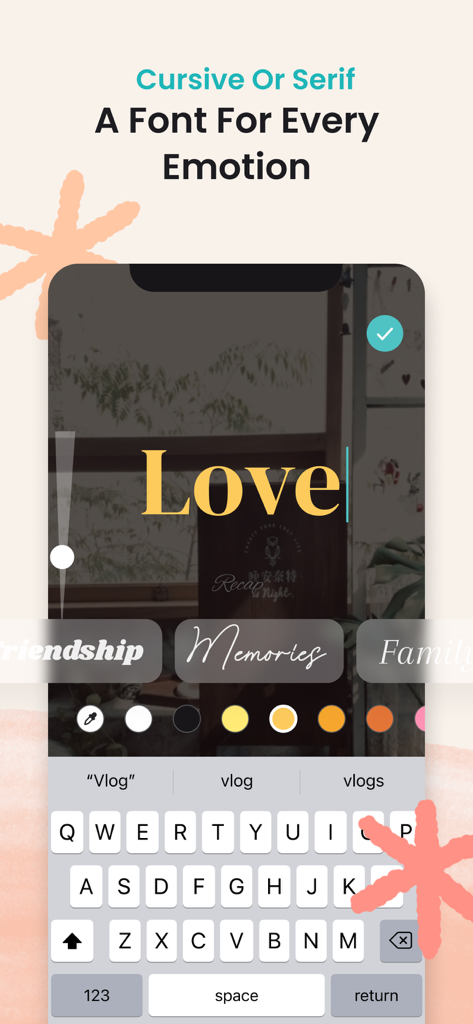 FastCut 앱 인터페이스에서 필기체 및 세리프와 같은 다양한 글꼴 스타일과 영상 편집을 위한 색상 선택기를 보여주는 화면