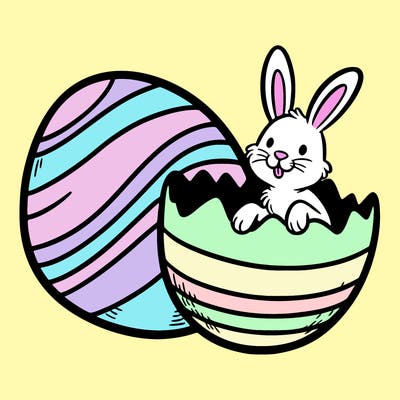 an open easter egg, with an easter bunny coming out of it