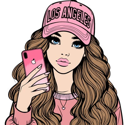 realistic beautiful girl wearing los ángeles cap holding an iphone