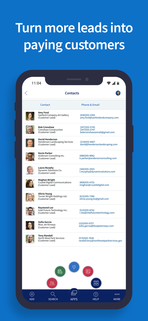Method CRM mobile app interface displaying a list of business contacts and customer leads with their phone numbers and emails