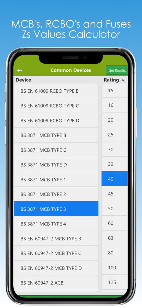 The Max Zs Values app interface for selecting electrical devices and ratings to calculate earth loop impedance.