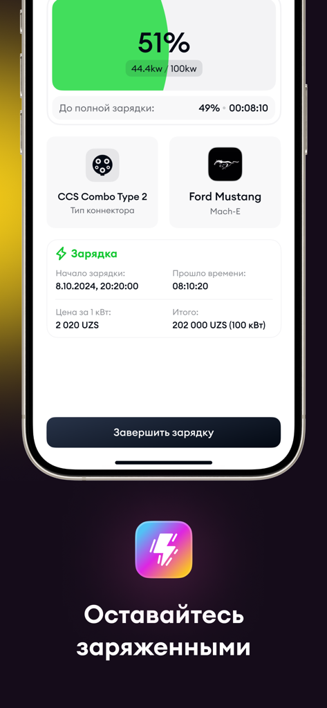 Urban-Power - Interface da aplicação Urban-Power mostrando o estado de carregamento de veículos elétricos em tempo real e detalhes da sessão para um Ford Mustang.