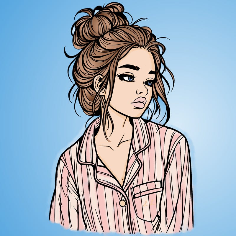 realistic woman with pajamas on and a messy bun