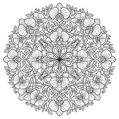Immerse yourself in the captivating symmetry of this Orchid Mandala coloring page. Featuring exotic orchid blossoms arranged in a detailed radial design, it offers a truly engaging artistic escape.
