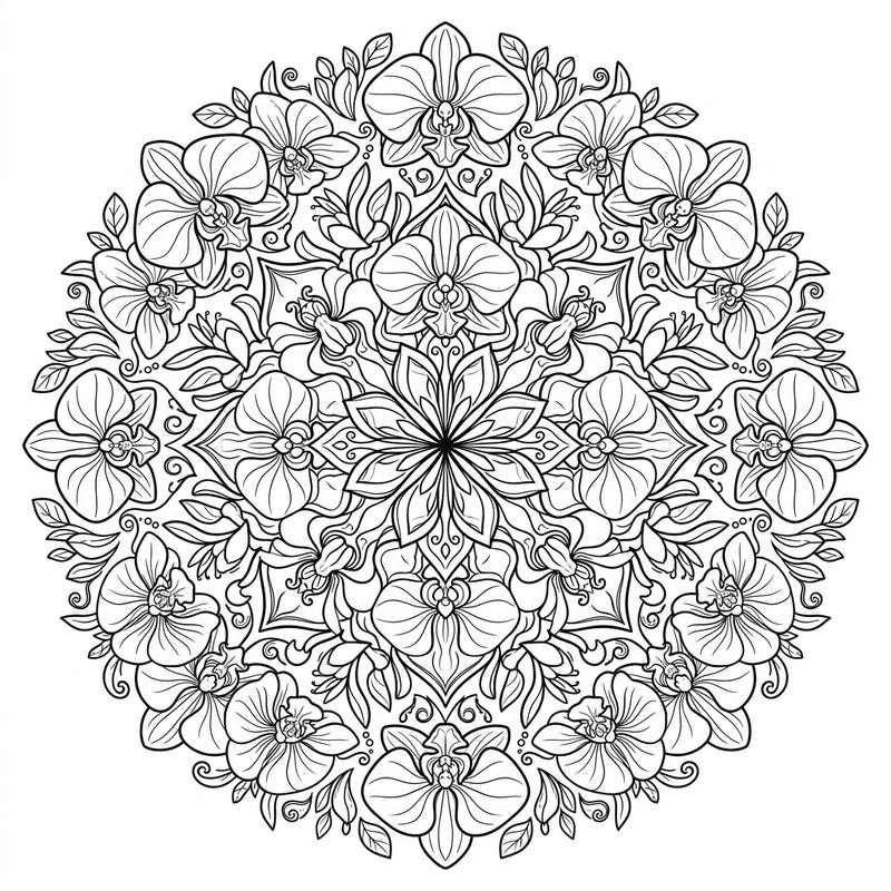 Immerse yourself in the captivating symmetry of this Orchid Mandala coloring page. Featuring exotic orchid blossoms arranged in a detailed radial design, it offers a truly engaging artistic escape.