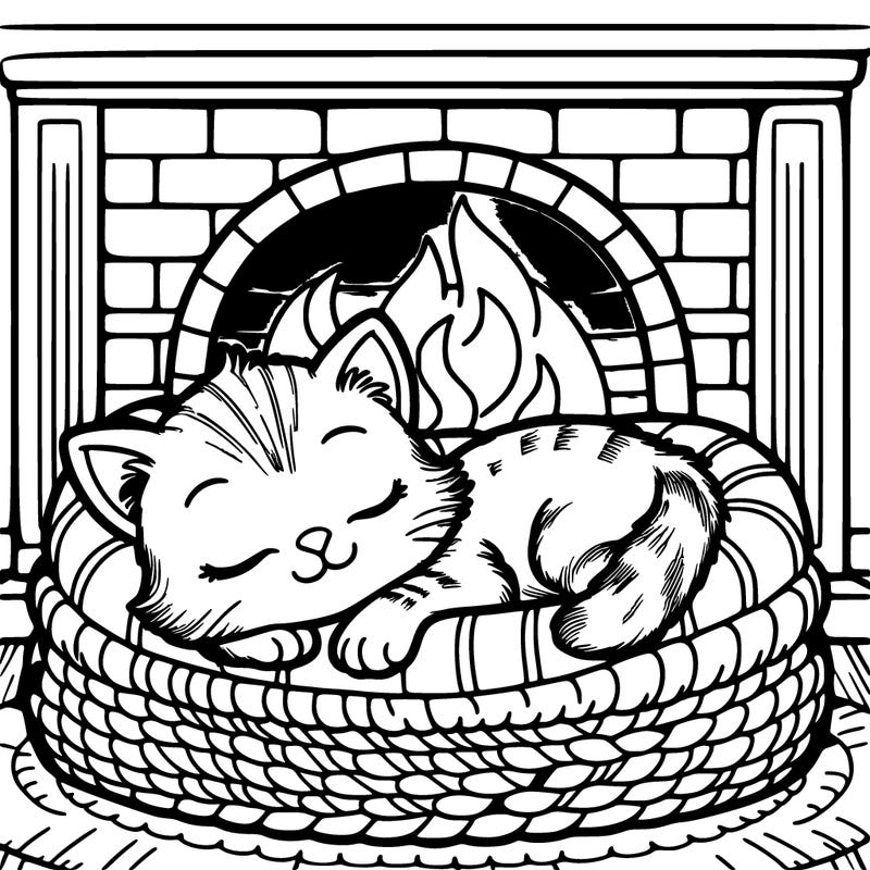 kitten sleeping in a cat bed by a fireplace