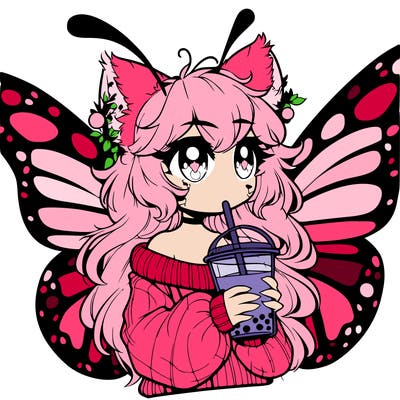 a realistic butterfly/furry girl drinking boba