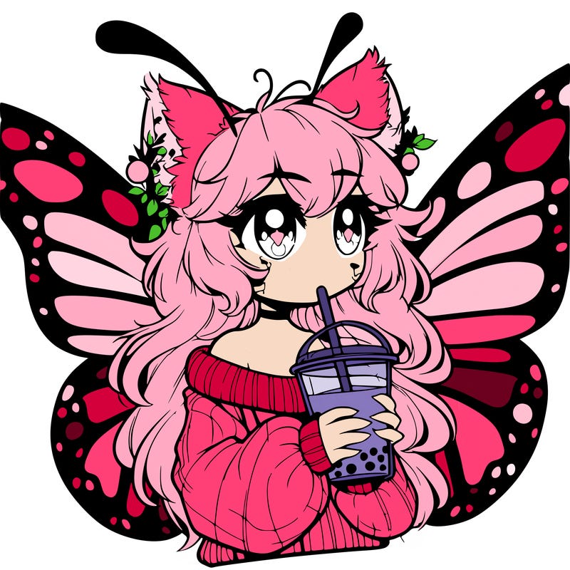 a realistic butterfly/furry girl drinking boba