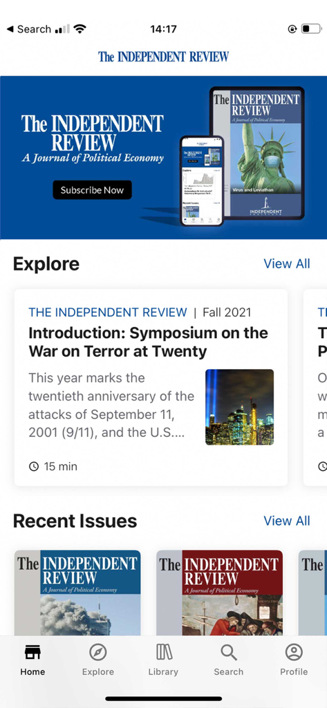Home screen of The Independent Review app displaying journal articles and recent issues on political economy.