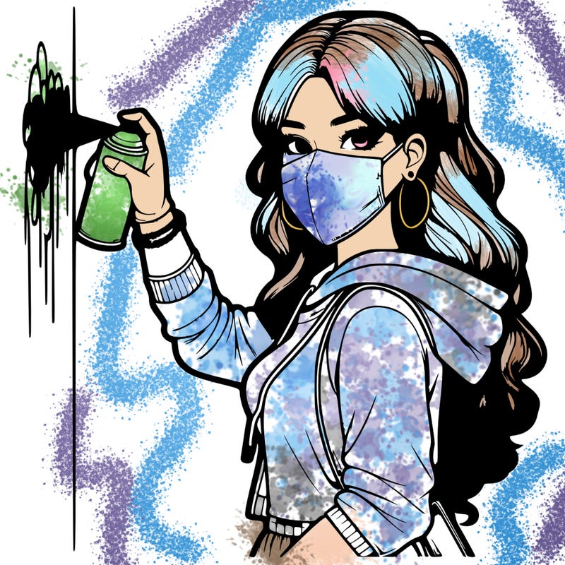 realistic girl with mask spray painting a wall