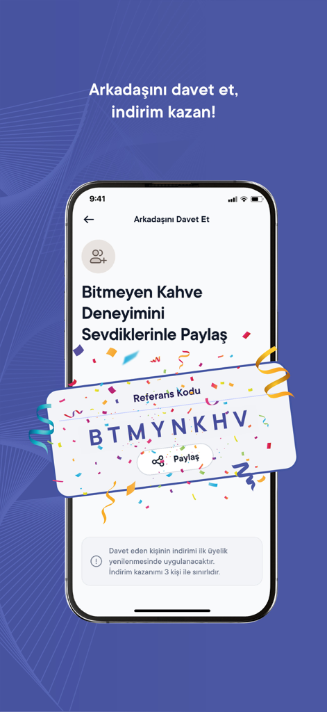 Frink - Kahve Üyeliği - Frink mobile app referral screen showing a discount code for inviting friends to the coffee subscription service.