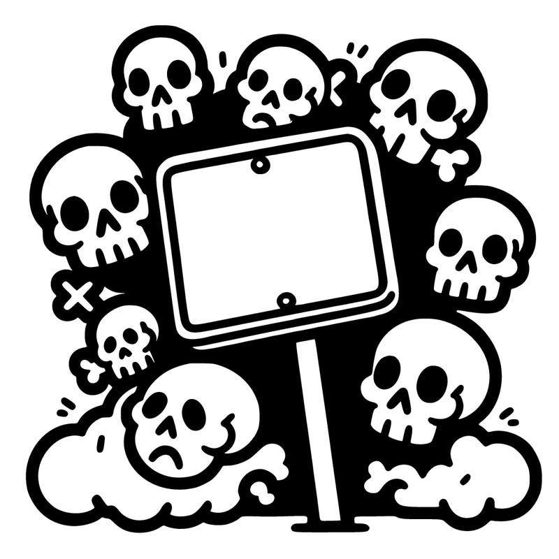 a white sign in the middle of the image with a few skulls around it